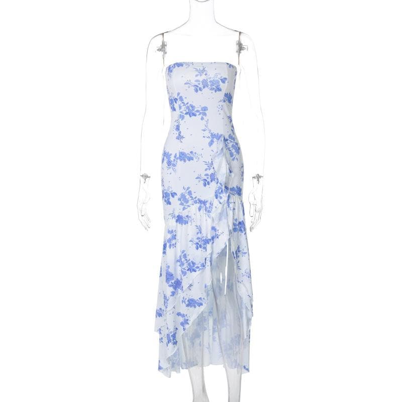 Print ruffle ruched high slit tube maxi dress