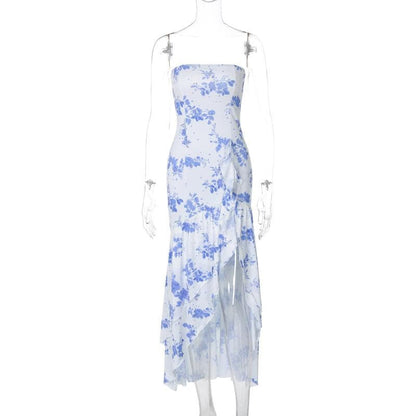 Print ruffle ruched high slit tube maxi dress