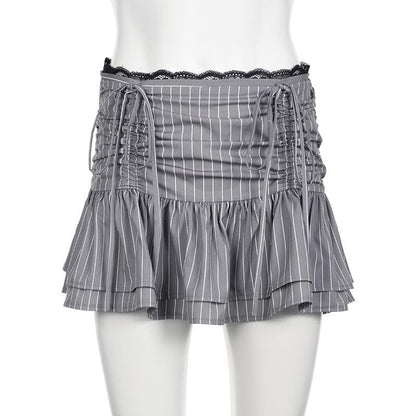 Drawstring ruched lace hem striped mini skirt
