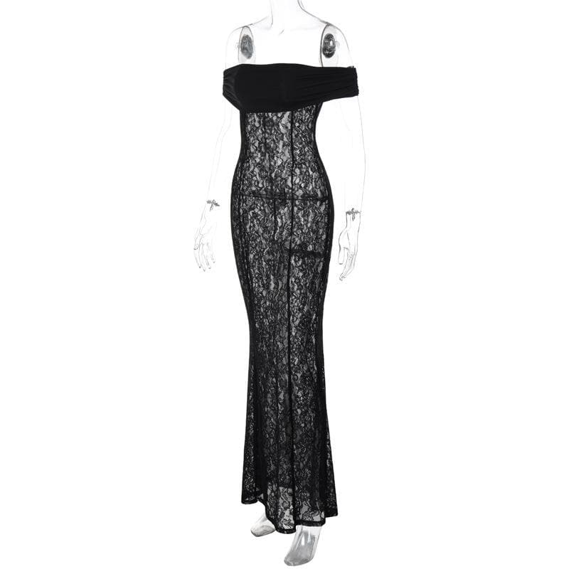 Off Shoulder Floral Lace Sheer Bodycon Floor Length Maxi Dress