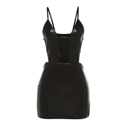 PU Leather Plunge Neck Side Cutout Spaghetti Strap Mini Dress