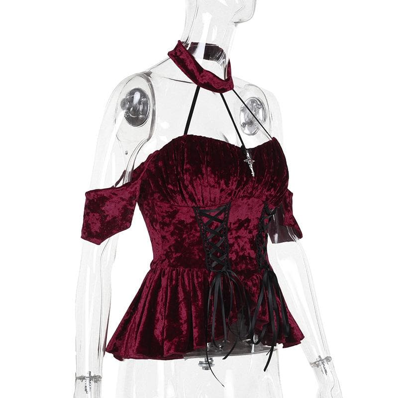 Halter velvet cross applique lace up top