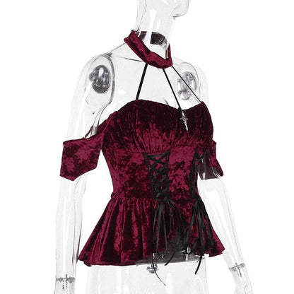 Halter velvet cross applique lace up top
