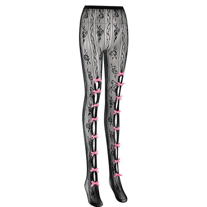 Lace hollow out bowknot contrast tights