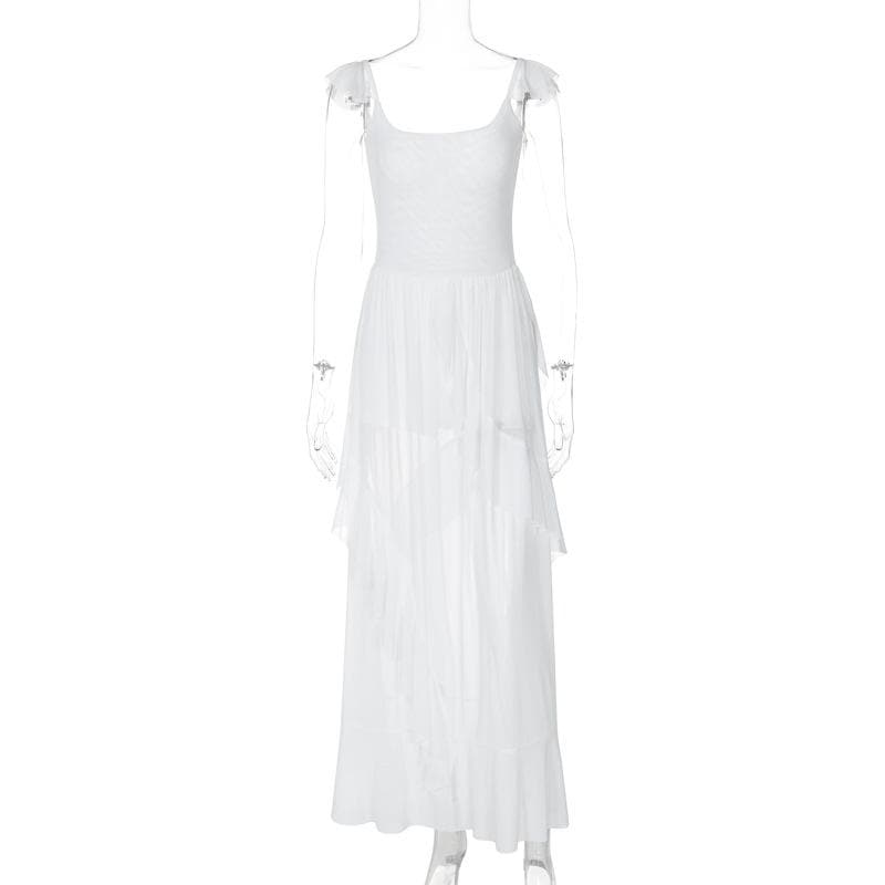 Ruched ruffle square neck sheer mesh cami maxi dress