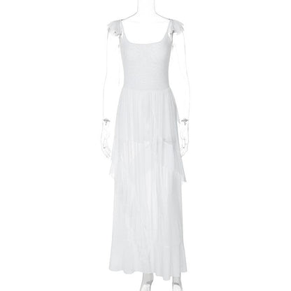 Ruched ruffle square neck sheer mesh cami maxi dress