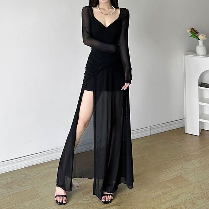 V neck long sleeve slit mesh maxi dress