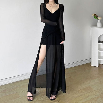 V neck long sleeve slit mesh maxi dress