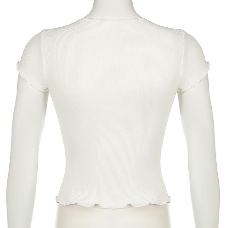 Short sleeve v neck ruffle lace hem ribbed top