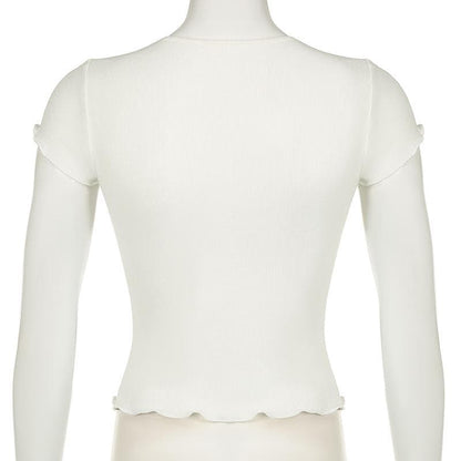 Short sleeve v neck ruffle lace hem ribbed top
