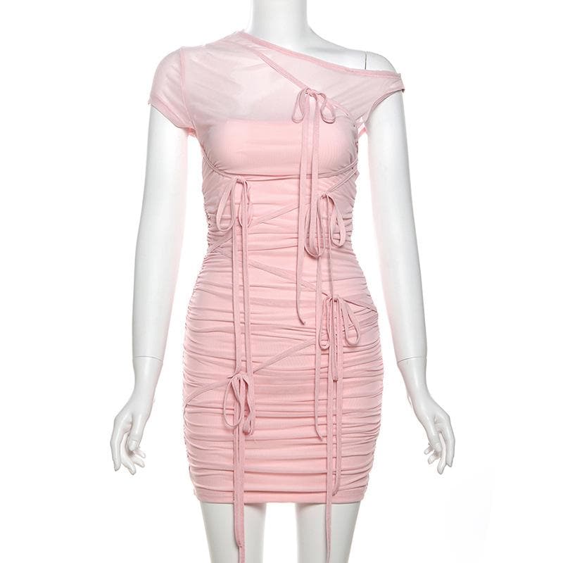 Short sleeve one shoulder mesh ruched patchwork mini dress