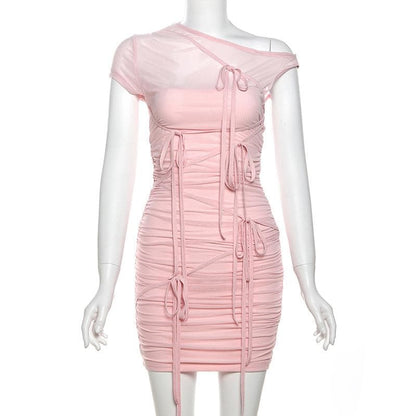Short sleeve one shoulder mesh ruched patchwork mini dress