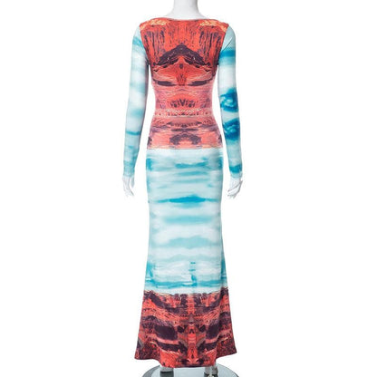 Long sleeve abstract crewneck contrast maxi dress