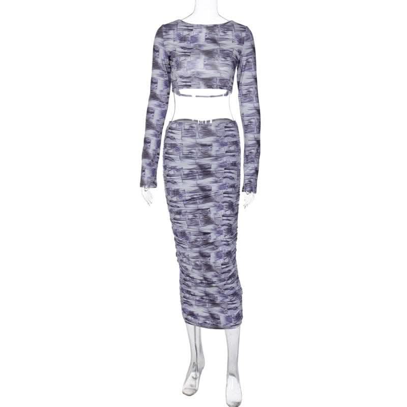 Contrast print long sleeve backless hollow out ruched cut out midi skirt set-final-sale