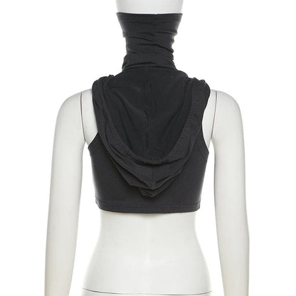 Sleeveless hoodie drawstring cross front ruched top