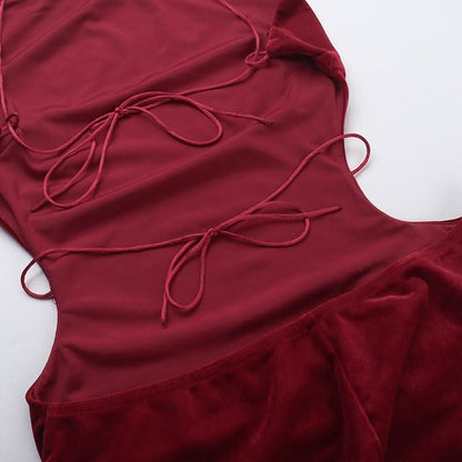 Self tie velvet ruched spaghetti strap maxi dress