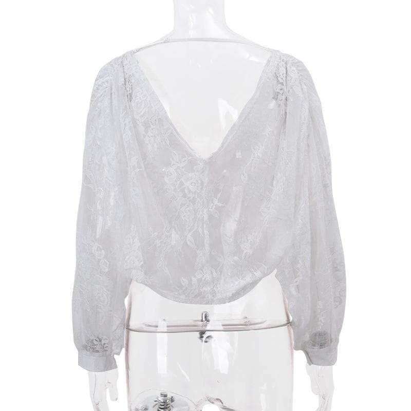 Long puff sleeve lace see through flower applique backless crop top