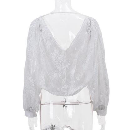 Long puff sleeve lace see through flower applique backless crop top