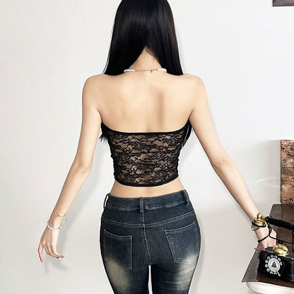 Lace hollow out lace up button tube cut out top