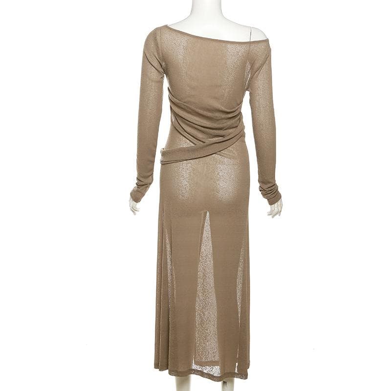 Off shoulder see through long sleeve irregular slit midi dress