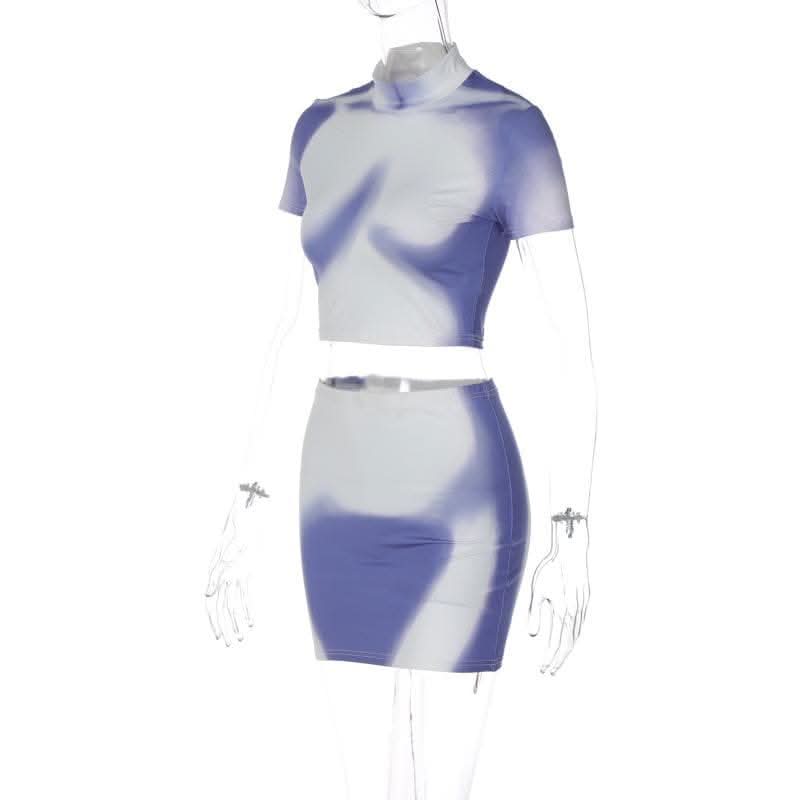 Short sleeve high neck contrast body print mini skirt set-final-sale