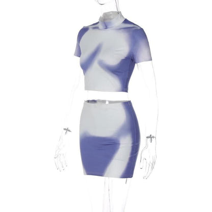 Short sleeve high neck contrast body print mini skirt set-final-sale