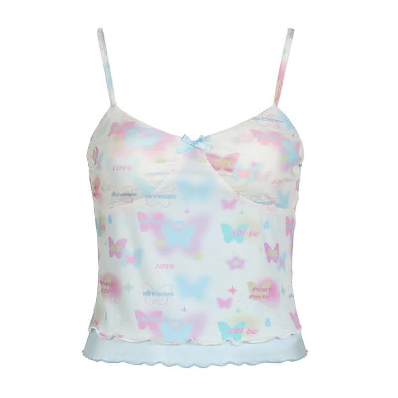 Bowknot butterfly print mesh ruffle cami top-final-sale