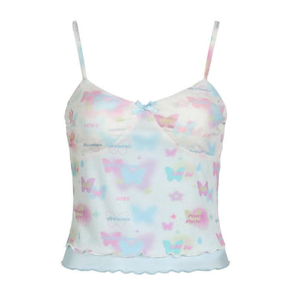 Bowknot butterfly print mesh ruffle cami top-final-sale