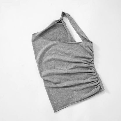 One shoulder ruched irregular knotted solid top