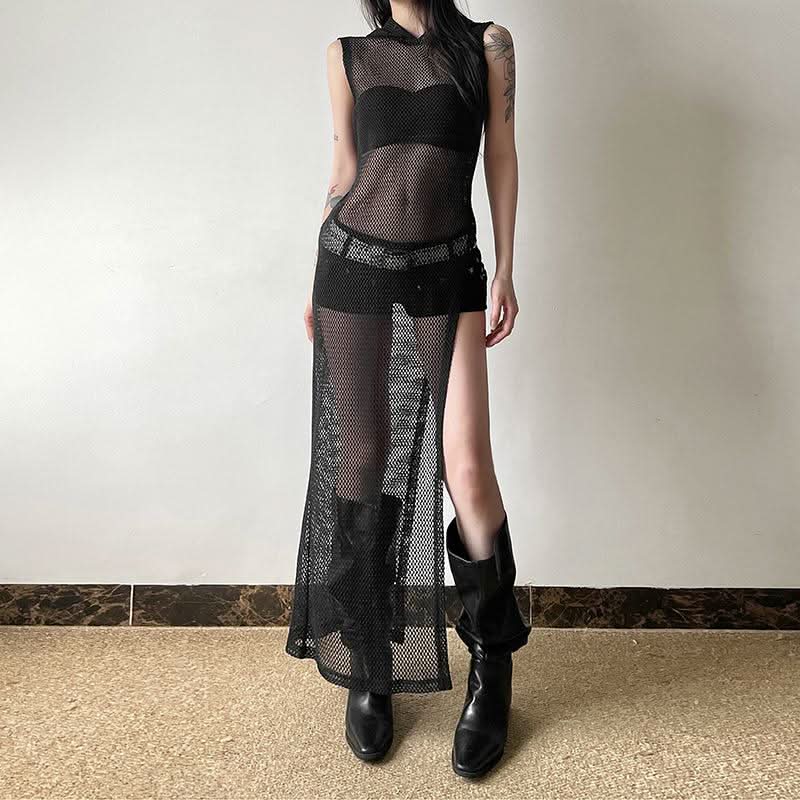 Hoodie sleeveless fishnet slit top