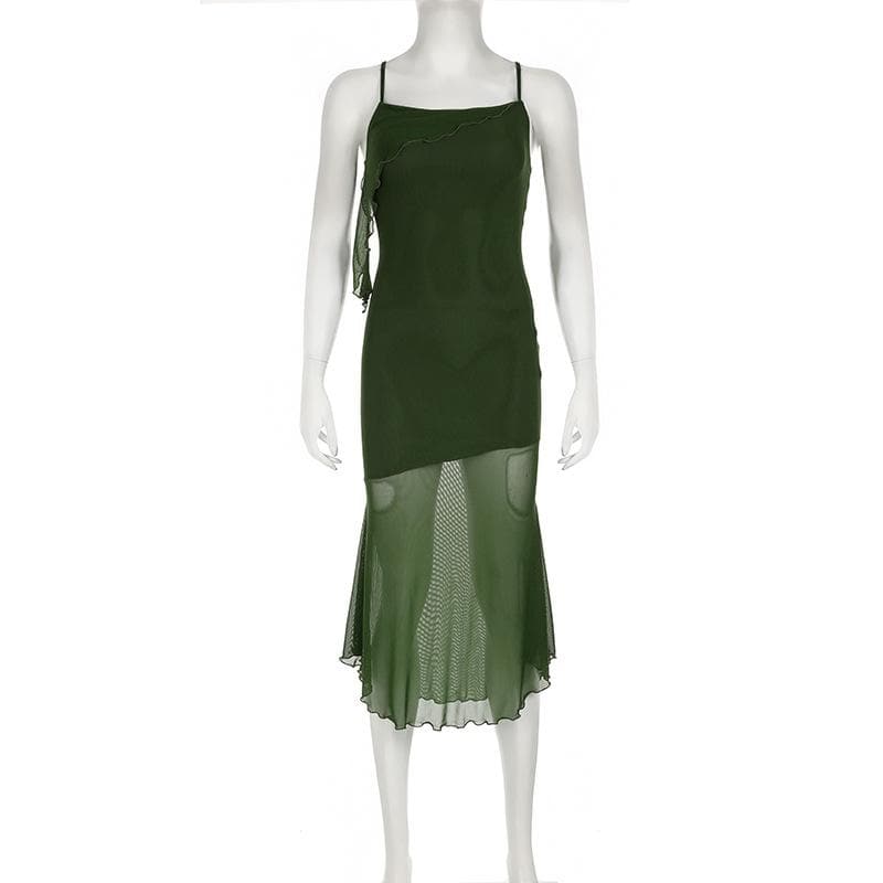 Ruffle irregular mesh cross back cami midi dress