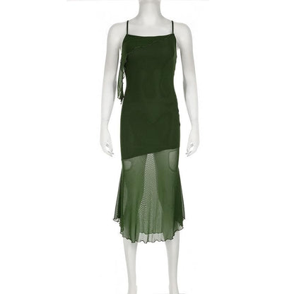 Ruffle irregular mesh cross back cami midi dress