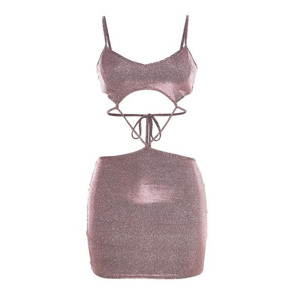 Low cut v neck textured hollow out self tie cami cut out mini dress