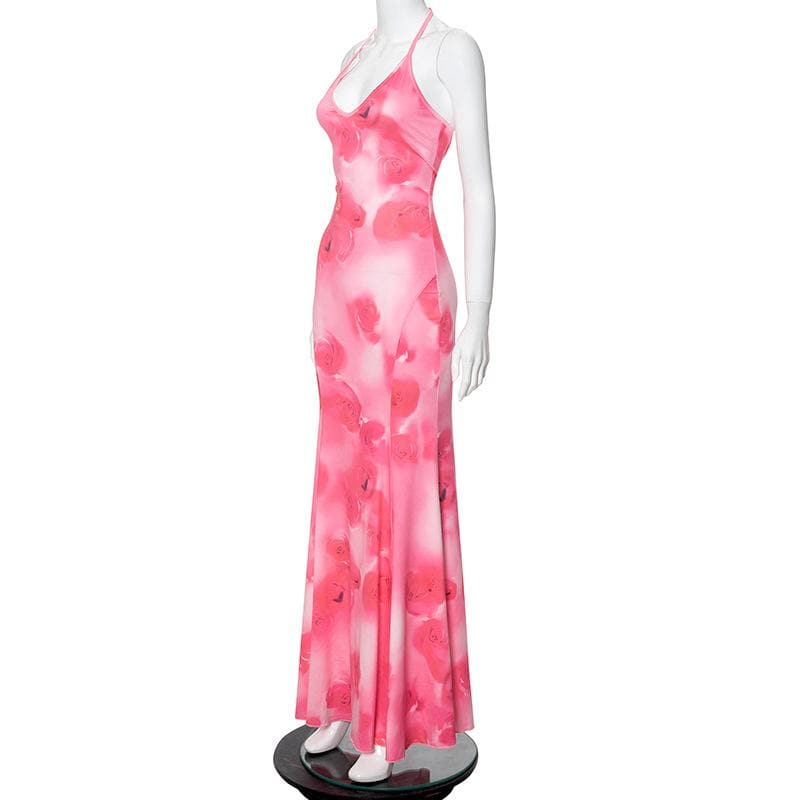Halter rose print u neck backless self tie maxi dress