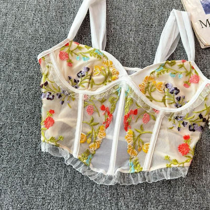 Flower embroidery bustier mesh cami top