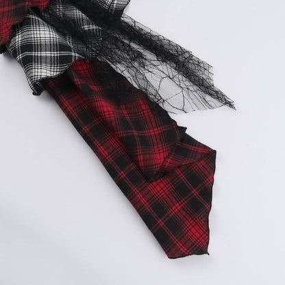 Plaid irregular buckle ruffle lace hem patchwork mini skirt
