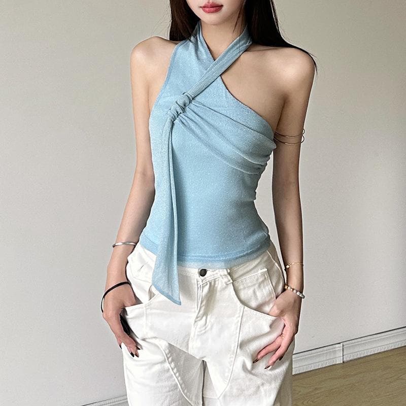 Halter mesh backless glitter ruched top
