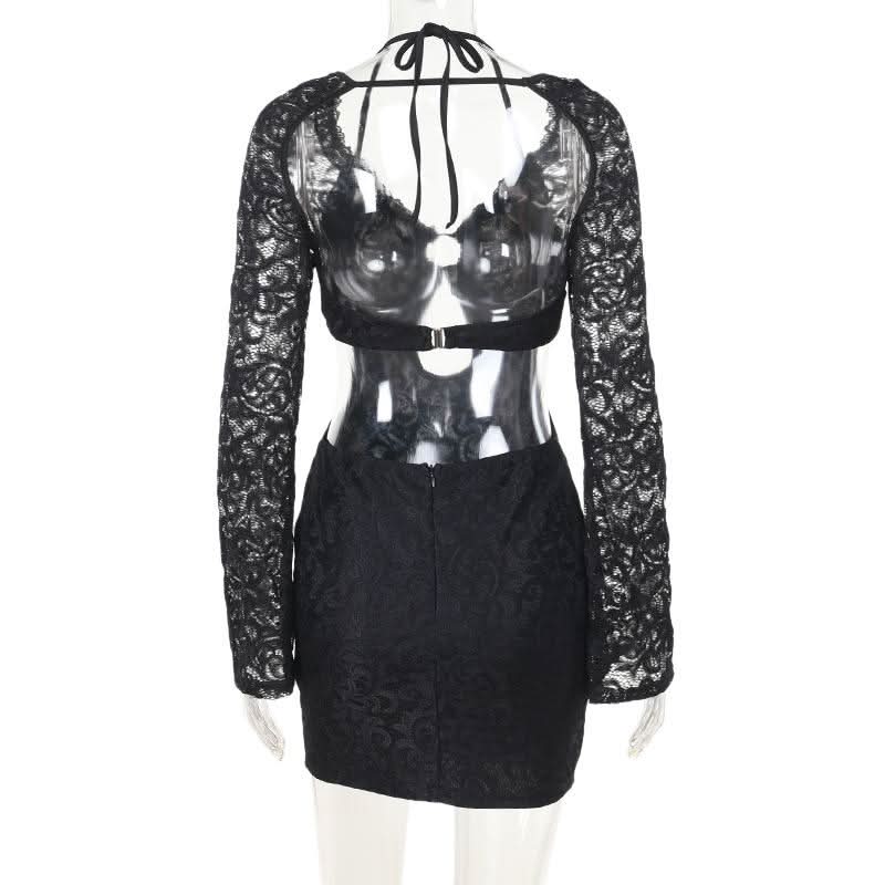 Halter long sleeve lace hollow out o ring cut out mini dress