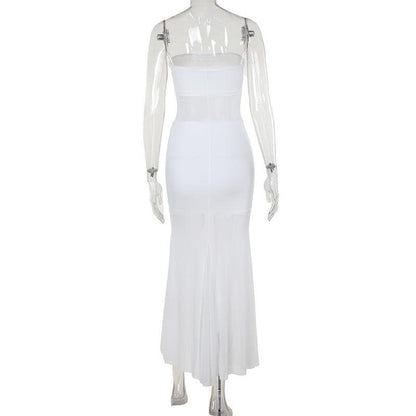 Mesh patchwork solid stitch tube maxi dress