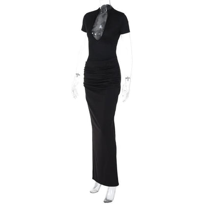 Short sleeve v neck ruched low cut slit solid maxi dress-final-sale