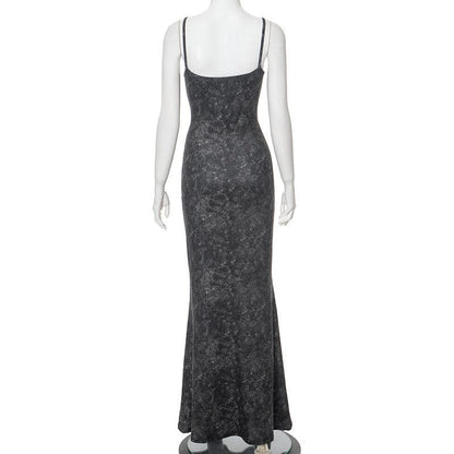 U neck print backless cami maxi dress