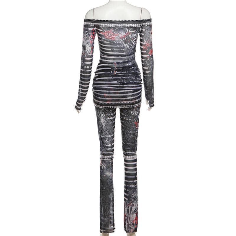 Long sleeve off shoulder sheer mesh print pant set