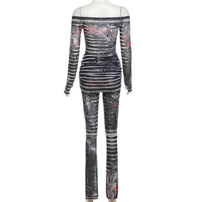 Long sleeve off shoulder sheer mesh print pant set