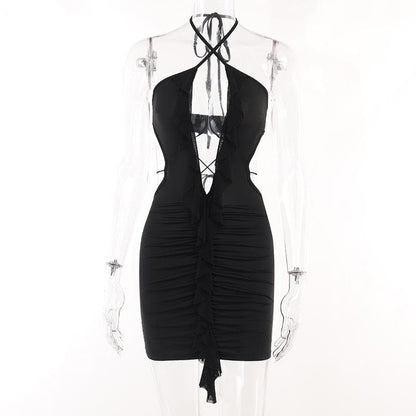 Halter Cross-Front Plunging Ruffle Trim Side Cutout Ruched Mini Dress