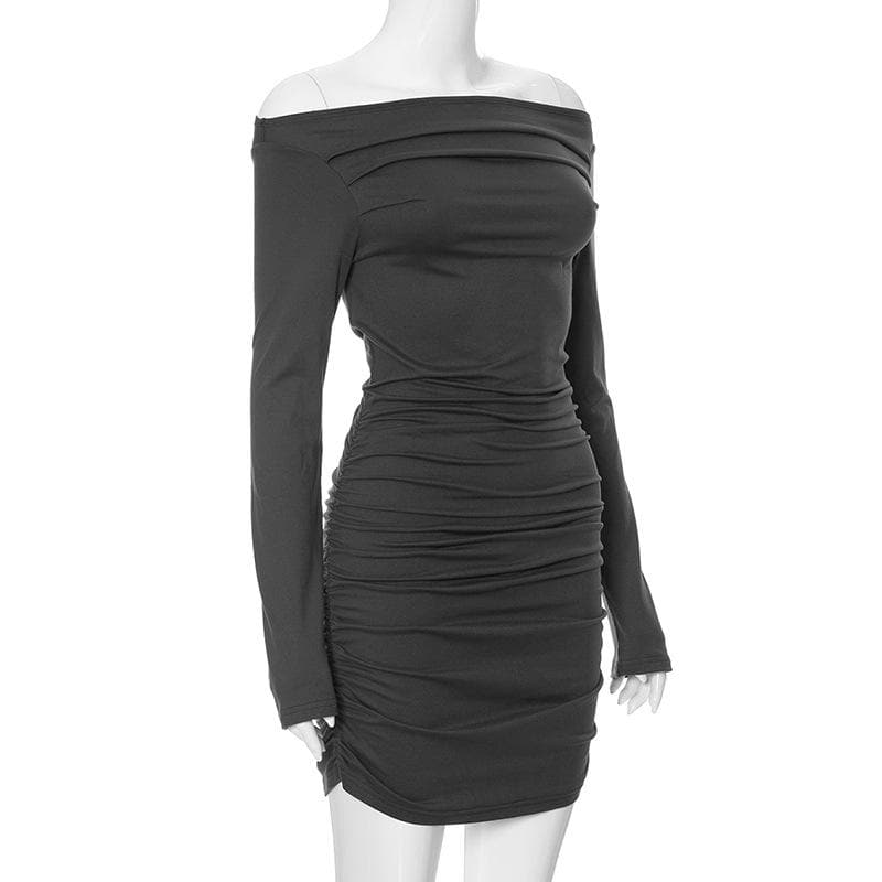 Asymmetric Off Shoulder Long Sleeve Ruched Bodycon Mini Dress