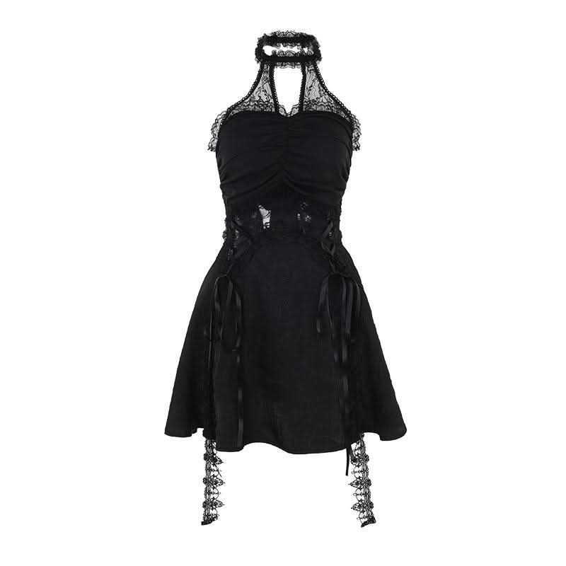 Halter ruffle hollow out lace hem cut out mini dress