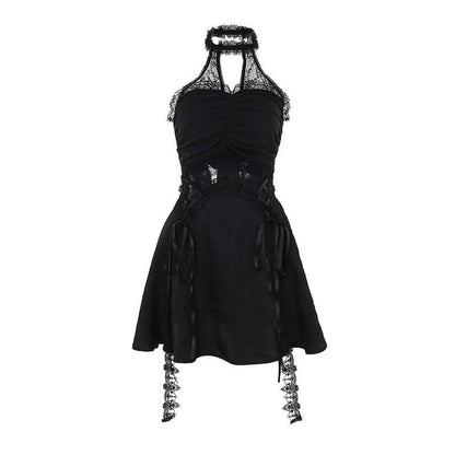 Halter ruffle hollow out lace hem cut out mini dress