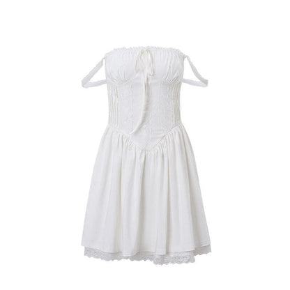 Lace hem lace up ruched backless square neck mini dress