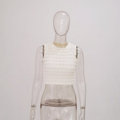 Waffle crewneck sleeveless solid crop top
