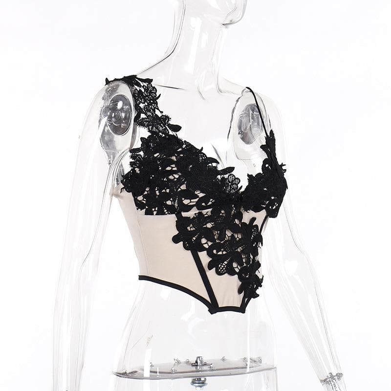 Flower embroidery bustier backless cami top